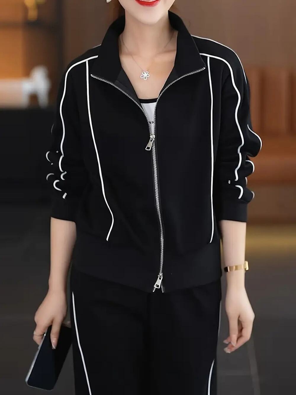NWT ~ 2 Piece Black Casual Track Suit Sweatsuit White Trim Activewear ~ Size 2